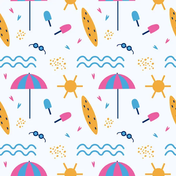 Kumsal. Güneş, güneş, deniz, dondurma, sörf tahtası ve kalplerle kusursuz bir tekrarlama şekli. Renkli yaz geçmişi. Kumsal partisi, deniz yolculuğu. Tekstil, ambalaj, afiş, baskı şablonu. Vektör 