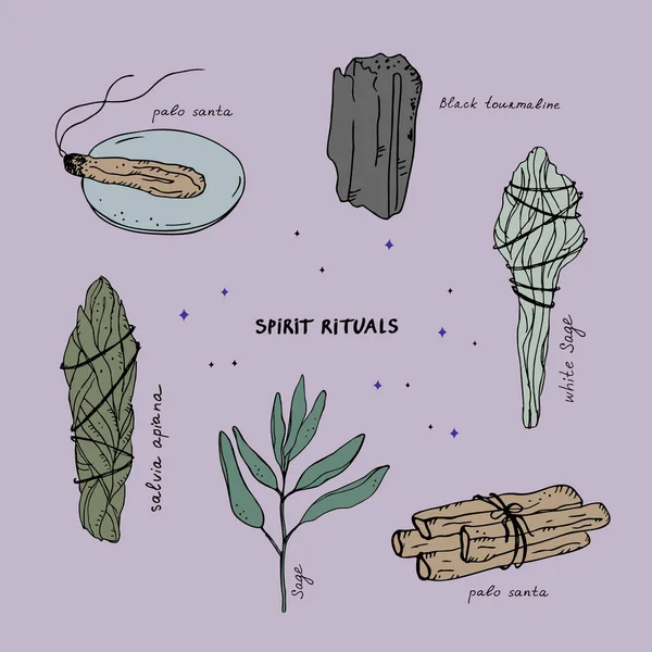 Ruhani ayinler. Adaçayı, Palo Santo kutsal bitkisi, turmalin, aromaterapi çubukları, dezenfekte bitkileri. Yaşam tarzı. El yazısıyla yazılmış nesnelerin olduğu mistik el yapımı sanat seti. Vektör 