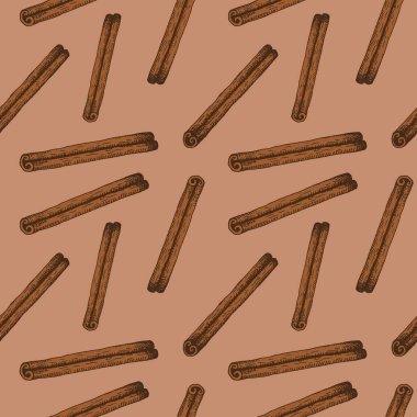 Tarçın. Tarçın kabuğuyla kusursuz desen. Kahverengi baharat aromalı arka plan tekrarlanıyor. Paketleme, tekstil, baskı, şablon, kart için. Elle çizilmiş süs. Vektör illüstrasyonu