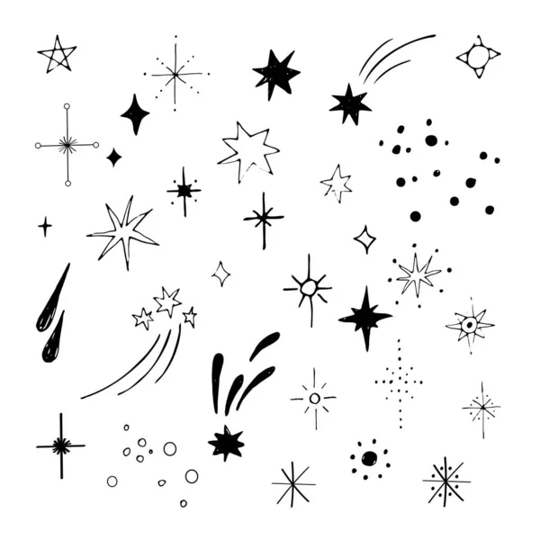 Estrelas Estrelar Noite Luminares Doodle Vetor Ilustração Mão Desenhada Elementos — Vetor de Stock