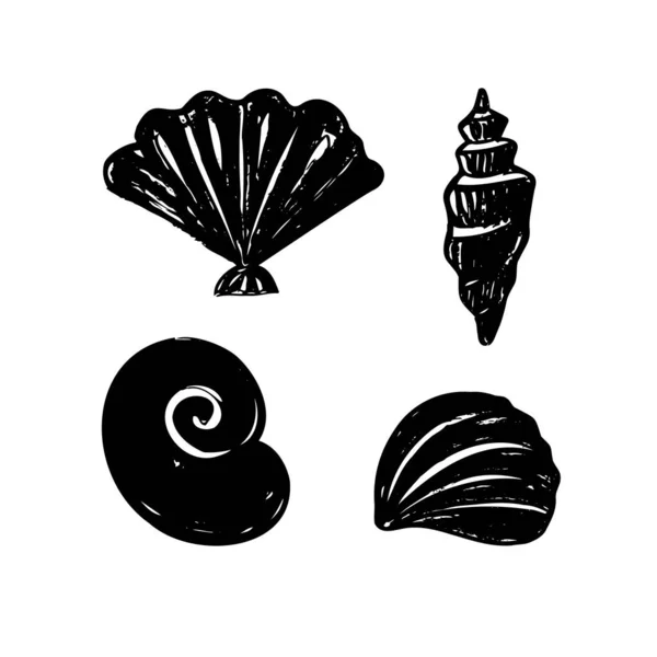 海の図手のベクトルのドアを描かれた貝殻 白地に墨のイラストで描かれたシルエット貝をセット デザイン要素グランジスタイル — ストックベクタ