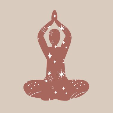 Yıldızlarda meditasyon yapan bir adamın yoga silueti düz vektör çizimi. İnsanoğlunun evrenle bağlantısı, ritüel uygulamaları, Uluslararası Yoga Günü şablonu, poster, kart