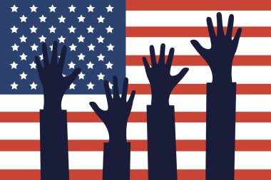 Amerika 'nın Bağımsızlık Günü. Bayram vektör illüstrasyonu el çizimi. Amerikan bayrağı ve açık kollar. Birleşik Devletler 4 Temmuz kutlamaları. Poster, pankart, yazdırma, arkaplan şablonu için tasarım ögesi