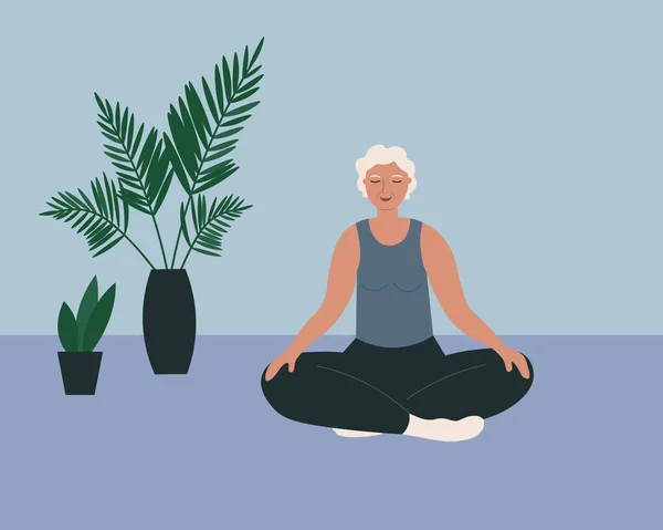 Personaje Anciano Está Haciendo Yoga Meditando Una Habitación Con Planta — Archivo Imágenes Vectoriales