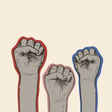 Birliğin, protestonun, gücün ya da zaferin sembolü olarak ellerini kaldırmış farklı ırktan bir grup insanın yumrukları. Birlik, devrim, mücadele, işbirliği kavramı. vektör illüstrasyonu