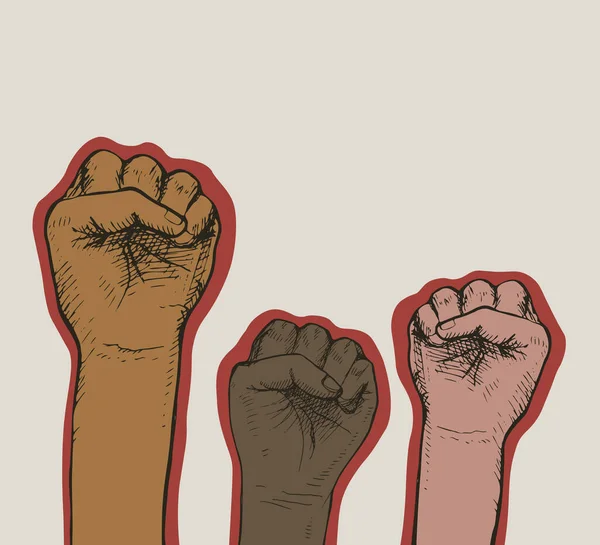 Pięści Grupy Ludzi Różnych Ras Podniesionymi Rękami Jako Symbol Jedności — Wektor stockowy