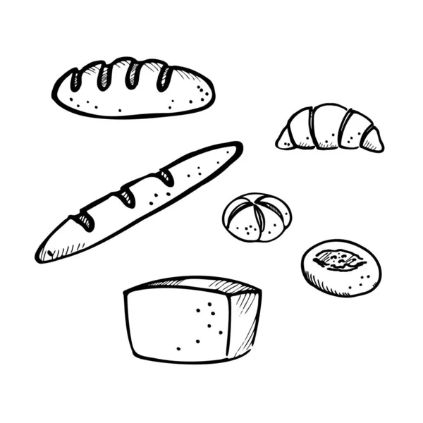 独立背景下的面包店产品矢量图解 手绘一套素描风格的面包 羊角面包 印刷品 菜单的设计元素 — 图库矢量图片