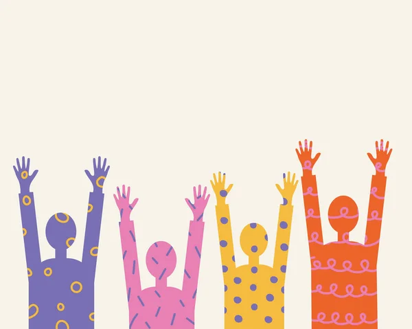 Χαρούμενα Χέρια Διανυσματική Απεικόνιση Απομονωμένο Φόντο Ομάδα Ανθρώπων Σήκωσε Χαρούμενα — Διανυσματικό Αρχείο