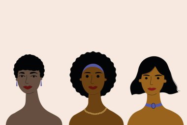 Kadınlar farklı ten renkleri ve mücevher yarışları. Afrika Soyundan Gelenler İçin Uluslararası Gün. Vektör illüstrasyon Afrikalı kız portreleri, feminist konsept, sosyal temalar. Metin için arka plan
