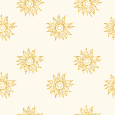 Çiçekli ayçiçeği deseni, el çizimi vektör çizimi. Ayçiçeği bitkisi ile arka planda tekrarlanan, boho tarzı. Dekoratif süs tasarımı öğesi. Sağlıklı yiyecek, tohum hasadı