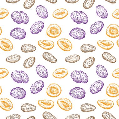 Kurutulmuş meyveler kusursuz. Prunes, kurutulmuş kayısılar, kuru meyveler, ambalaj için tarih, tekstil, baskı, şablon, kart. Süslü bir el çizimi. Vektör illüstrasyonu