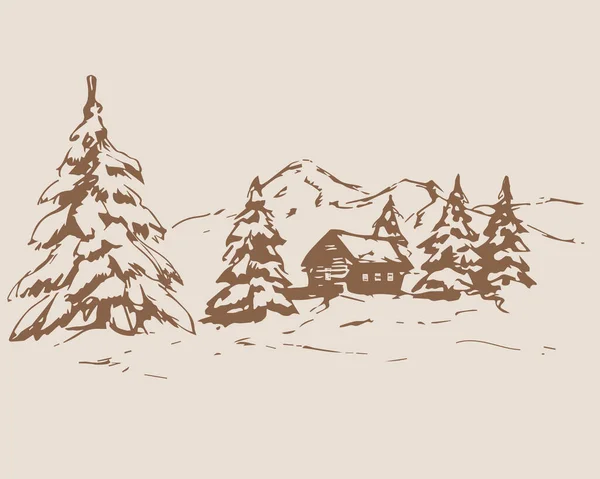 Зимний Пейзаж Векторная Иллюстрация Деревьями Домом Снегу Открытку Шаблон Поздравления — стоковый вектор
