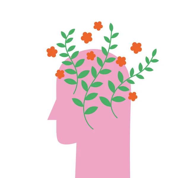 Cabeza Humana Con Flores Plantas Salud Mental Pensamiento Positivo Como — Vector de stock