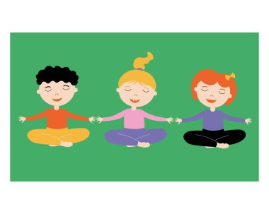 Çocuklar yoga el çizimi vektör illüstrasyonu. Lotus pozisyonundaki çocuklar egzersizler, nefes alma egzersizleri, egzersizler ve temiz hava ile meşguldürler. Okulda spor ve eğlence, anaokulu geliştirme.