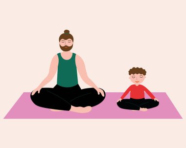 Nilüfer pozisyonu meditasyonunda oturan erkek ve çocuk, yoga el çizimi vektör çizimi yapıyor. Anaokulu ve okul öncesi spor gelişimi, yaşam tarzı, sağlık, eğitim kavramı. Çizgi film düz karakterleri