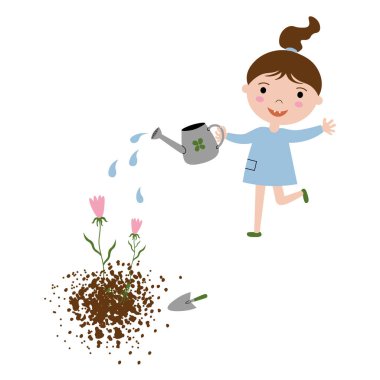 Sebze bahçesindeki çiçekleri sulayan neşeli bir kız izole edilmiş beyaz bir arka planda vektör çizimi yapıyor. Çocuklar ve doğa, bahçıvanlık, çocuk eğitimi. Tasarım için