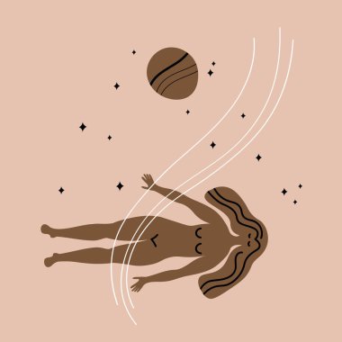 Ay banyosu ritüeli mistik motif çizimi. Meditasyon yapan kadın, cadı uygulamaları, yaşam tarzı, gelenekler, maneviyat, çakralar. Yazdırma, kart, kağıt, şablon için tasarım ögesi