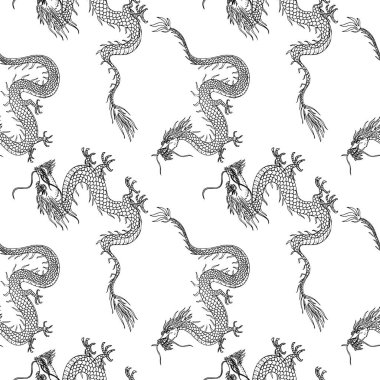 Ejderhalar arka plandaki doğu süslemelerini tekrarlıyor. El çizimi hayvanlar vektör illüstrasyonu, baskı, tekstil, ambalaj, poster, şablon, kart, ambalaj, tasarım için dekoratif Asya ögesi