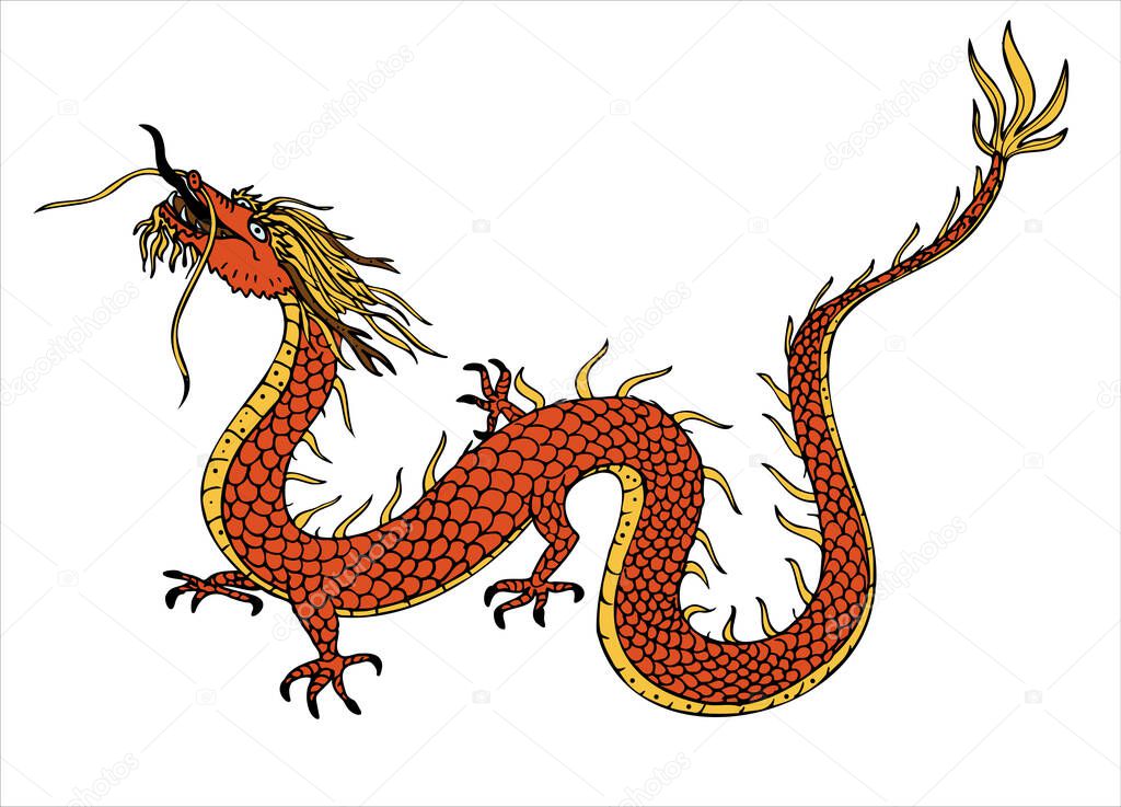 Dragon hand drawn vector illustration on isolated background, east animal, symbol of 2024 new year, design element for print t-shirt ,poster, template, tattoo, card. Mythological traditions, horoscope