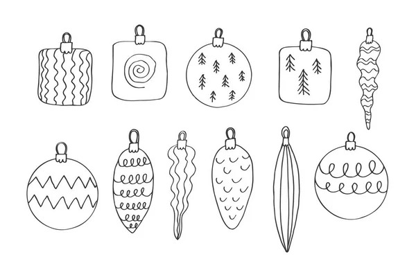 Juguetes Navidad Doodle Set Ilustración Vectorial Estilo Minimalista Plantilla Bolitas — Vector de stock