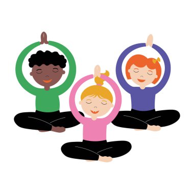 Çocuklar el yogası, düz vektör çizimi. Lotus pozisyonundaki çocuklar egzersizler, nefes egzersizleri ve egzersizlerle meşguldürler. Okulda spor ve eğlence, çocuk yogası ve Asana.
