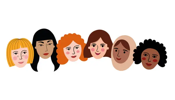 Kvinnors Ansikten Med Olika Hudfärger Multietniska Kvinnor Grupp Platt Vektor Vektorgrafik