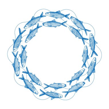 Metin için sardalya balığı etiketi şablonu. Çerçevede küçük balıklar ve deniz ürünleri var. Etiket, şablon, ambalaj, logo, kart, pankart, tasarım için vektör arkaplan çizimi. El çizimi sınır 