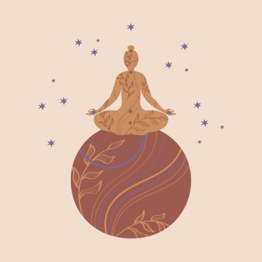 Siluet Yoga, gökyüzü vektör çizimi ile meditasyon yapan karakter. Ay, doğa, ayin uygulamaları, Uluslararası Yoga Günü şablonu, poster, kart, baskı, logo tasarımı Boho tarzı