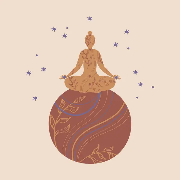 Siluet Yoga Gökyüzü Vektör Çizimi Ile Meditasyon Yapan Karakter Doğa — Stok Vektör