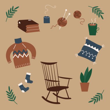 Koltuk, mum, bitki, süveter, çorap, sıcak içecek ve örgü ile ev yapımı el çizimi vektör çizimi. Rahat hayat kavramı, Hygge evi, İskandinav motifi, hobi rahatlama uyumlu yaşam tarzı.