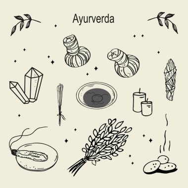 Ayurveda geleneksel Hindu sistemi el çizimi karalama izole arka plan. Bitki torbaları, aromatik yağ, mumlar, aroma çubukları, kristaller, tütsü. Hint masajı, vücut bakımı, yaşam tarzı, enerji sağlığı