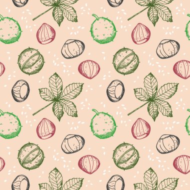 Bitki, meyve ve tatlı kestane özyinelenen arka planda kestane deseni. Parmak izi, kağıt, ambalaj, kart, şablon ve ambalaj için dekoratif süslerle donatılmış fındık. Vektör illüstrasyonu