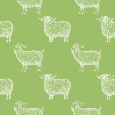 Keçiler, koçlar, koyunlar, oymalı hayvanlarla kusursuz model vektör arka planı. Tarlada çiftlik hayvanı varken dekoratif arka plan tekrarlanıyor. Baskı, kağıt, kart, tekstil, tasarım için evcilleştirilmiş ruminant