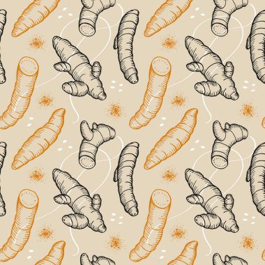 Zerdeçal desenli. El yapımı sarı baharat dekoratif süsleme arka planı. Baharat bitkisi Cucurmin çubuklu arka plan vektörü ve oymalı sarı toz. Aşçı ve Heaith.