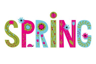 İlkbahar metni el çizimi trend biçimi vektör düz çizim şenlik arka planı. Bahar mevsimleri için el çizimi harfler kart, baskı, poster, ekran koruyucu, el ilanı, şablon