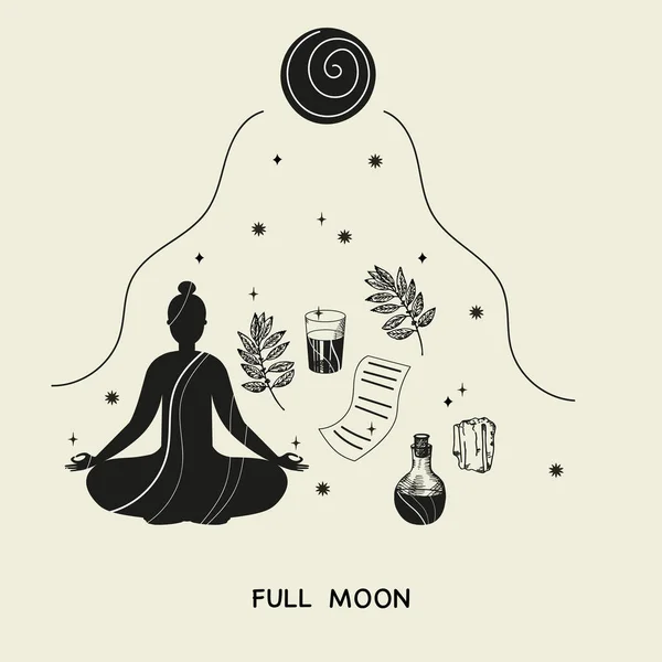 Full Moon Rituals Met Hand Getekend Vector Illustratie Mystiek Motief Stockillustratie