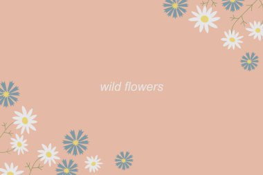 Çiçekli boho kartı arka plan çizimi çiçek açan kır çiçekleri, papatyalar, çiçek çiçekleri, çim düz vektör çizimi yeşil motif motifli motifli pankart. Şablon çiçek tasarımı arkaplanı