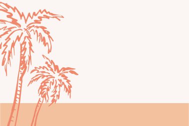 Avuç içleri deniz arka planı vektör çizimi boho tarzı şeftali rengi, tropik motif. Siluet yaz deniz manzarası, metin, el ilanı, poster, kart için tasarım afişi. Tatil, seyahat, yaşam tarzı