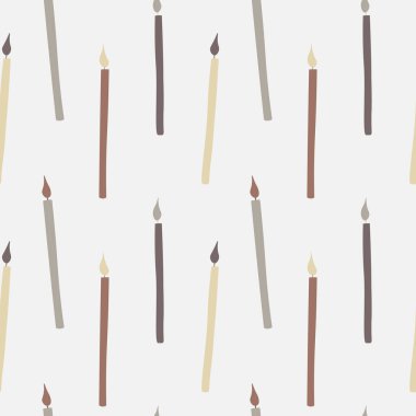 Mumlar boho pürüzsüz desen. Kutlama arkaplanını mum ve farklı küçük parlak alevler ile tekrarlıyor. El çizimi vektör çizimi, doğum günü partisi için tasarım, kilise mumu. 