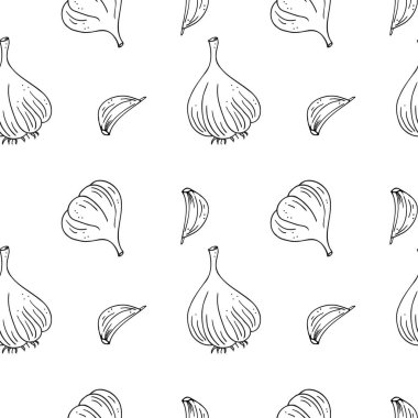 Sarımsaklı çizim, kusursuz el çizimi, vektör çizimi, arka planı tekrarlıyor. Arkaplan desenli sarımsak, sebze hasadı, organik gıda, ambalaj malzemesi, etiket, kart, kağıt.
