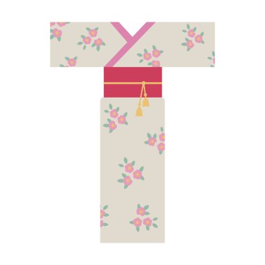 Kimono geleneksel Asya kıyafetleri çiçek desenli Japon kadın kostümü, el çizimi düz vektör çizimi izole arka plan. Gelenek, Japon kültürü, Kimono Günü için tasarım kartı.