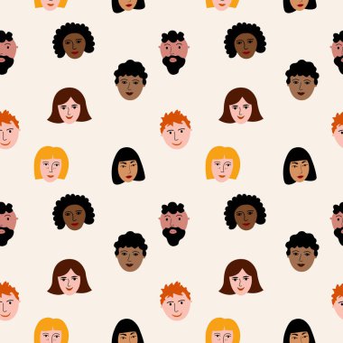 Farklı ten ve ırka sahip çok kültürlü karakterler, elle çizilmiş kusursuz kalıplar, insanlarla tekrar eden arka plan. Düz vektör illüstrasyonu Sosyal ağ, arkadaşlık, topluluk, milletler