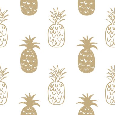 Metalik altın ananas pürüzsüz desenli vektör çizimi. Elle çizilmiş krem meyveli, lezzetli yiyecekli zarif bir arka plan. Kumaş, kağıt, ambalaj, kart, kapak, tekstil için tasarım