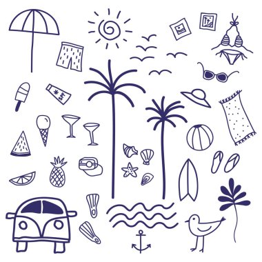 Deniz tatili çizimi çizimi. El çizimi, avuç içi, güneş, mayo, sörf tahtası, dondurma, meyve, kokteyl, seyahat otobüsü, dalgalar, deniz ekipmanları içeren vektör çizim kartı. Macera için tasarım, deniz yolculuğu