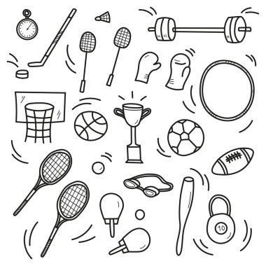 Spor eskizi karalama çizgi film set el yapımı spor aletleri top, tenis raketi, boks eldivenleri, basketbol vektör illüstrasyonu sağlıklı aktivite hayatı için izole edilmiş arka plan, olimpik oyun turnuvası