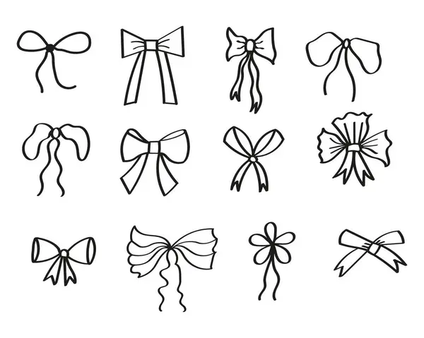 さまざまなセット漫画の弓の結び目 ギフトのリボン 手描きのベクタースケッチ トレンディなヘア編みアクセサリー 隔離された背景のギフト装飾 お祝いのためのデザイン要素 誕生日 — ストックベクタ