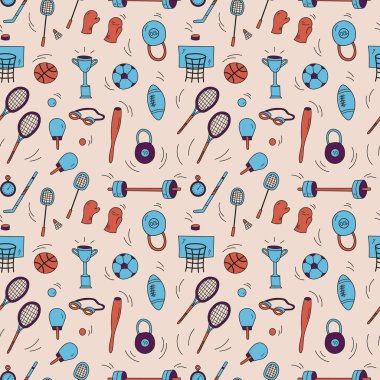 Spor ekipmanlarıyla kusursuz vektör geçmişi. Beyzbol, raket, badminton, futbol, jimnastik, tenis, futbol, olimpiyat oyunlarında kullanılan farklı tipte çizimler.