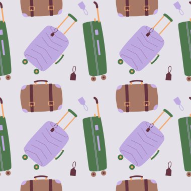 Eski ve modern bavulların kusursuz arka planı, el çantası. El çizimi tekrarlayan model vektör çizimi. Moda uyumu, seyahat aksesuarları, tatil, dinlenme, tatil, yolculuk