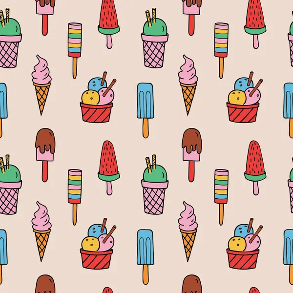 Dondurmalı el çizimi çizgi filmlerdeki gibi pürüzsüz. Farklı tatlılar ile arka planda tekrarlanan tatlı. Vektör Gıda illüstrasyonu. Etiket, logo, poster, kart, el ilanı, baskı, kağıt, tekstil için tasarım