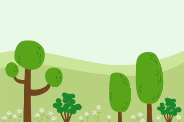 Çiçekli arka plan kartı el, kır çiçekleri, papatyalar, ağaçlar, bitkiler, yeşil çimen düz çizim yeşil motifli karikatür afiş alanı çizdi. Şablon çiçek tasarımı arkaplanı